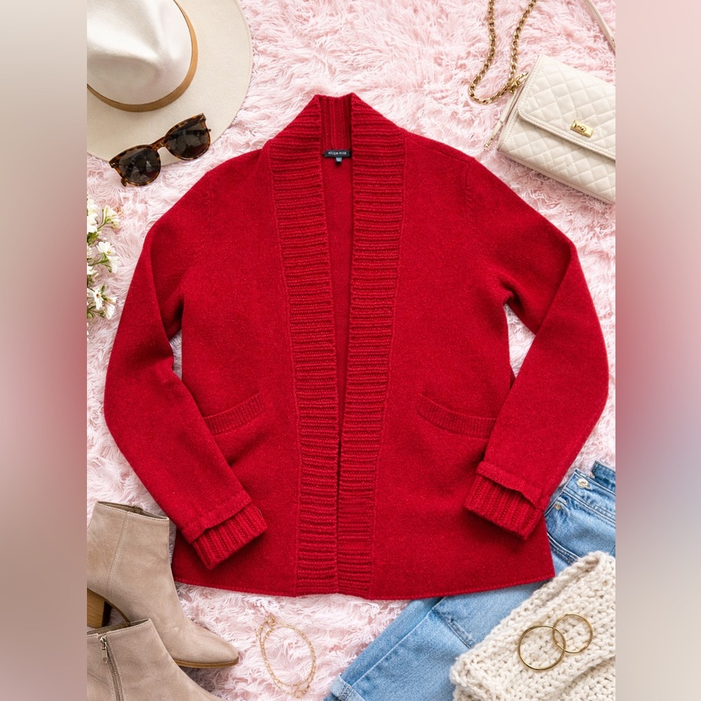 Eileen Fisher Red Wool Cashmere Open Cardigan Sweater Women’s Small Italian Yarn